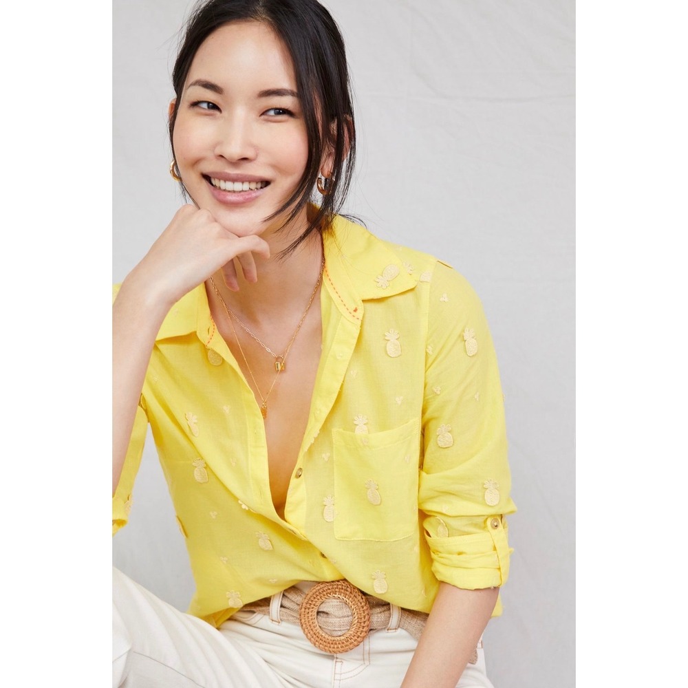 Anthropologie‎ Maeve Classic Pineapple Embroidered Button Down in Yellow Size 2